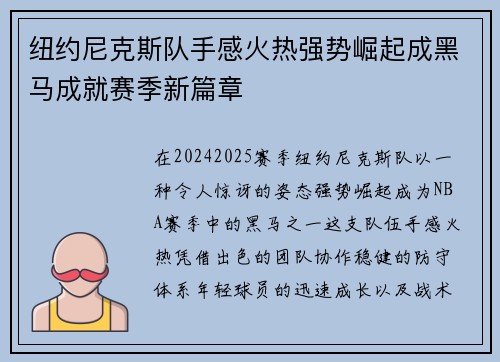纽约尼克斯队手感火热强势崛起成黑马成就赛季新篇章