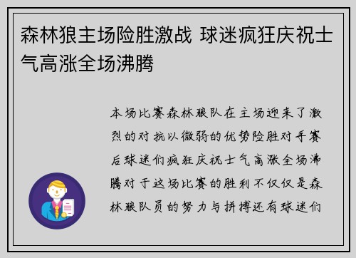 森林狼主场险胜激战 球迷疯狂庆祝士气高涨全场沸腾