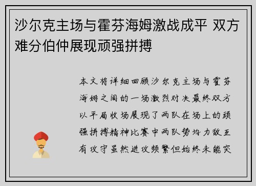 沙尔克主场与霍芬海姆激战成平 双方难分伯仲展现顽强拼搏