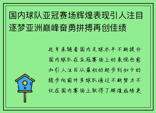 国内球队亚冠赛场辉煌表现引人注目逐梦亚洲巅峰奋勇拼搏再创佳绩