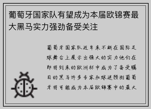 葡萄牙国家队有望成为本届欧锦赛最大黑马实力强劲备受关注